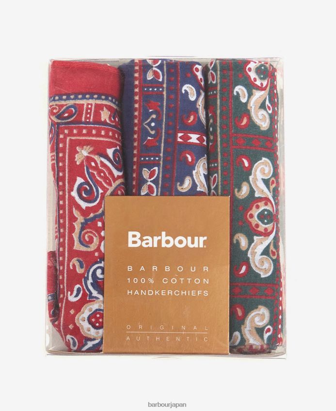 アクセサリー Barbour ペイズリー柄ハンカチ ギフトボックスセット レッド/グリーン/ネイビー 男性 RV6THF2352